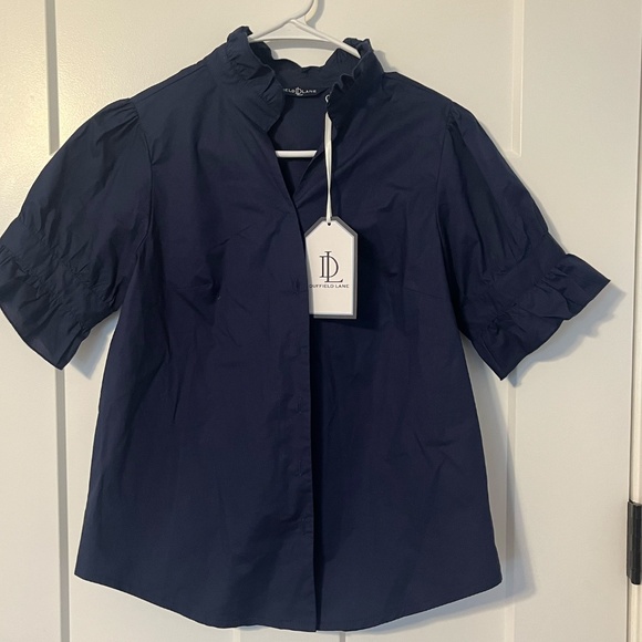 Duffield Lane Marlow Top Button Front Navy Stretch Women Small NWT MSRP $154 - Picture 2 of 12